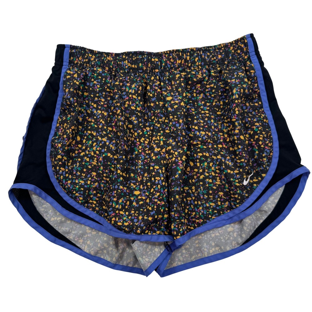 Nike Dri-FIT Running Shorts Womens Large Black Purple Splatter Print Mesh Trim